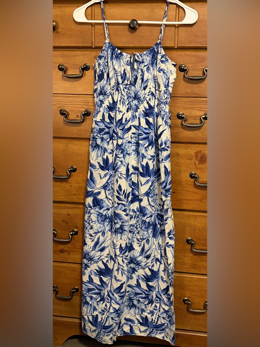 H&M White Maxi Dress with Blue Floral Print